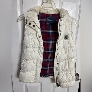 Ivory American Eagle Puffer Vest with Plaid Lining